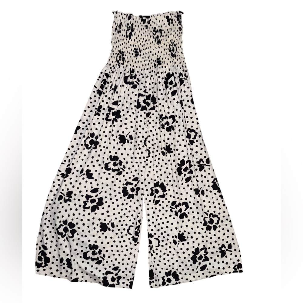 Vintage 1980s Andrew‎ Downs floral white and black wide leg jumpsuit